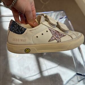 Golden Goose Kids White Velcro Sneakers with Pink and Blue Glitter Star